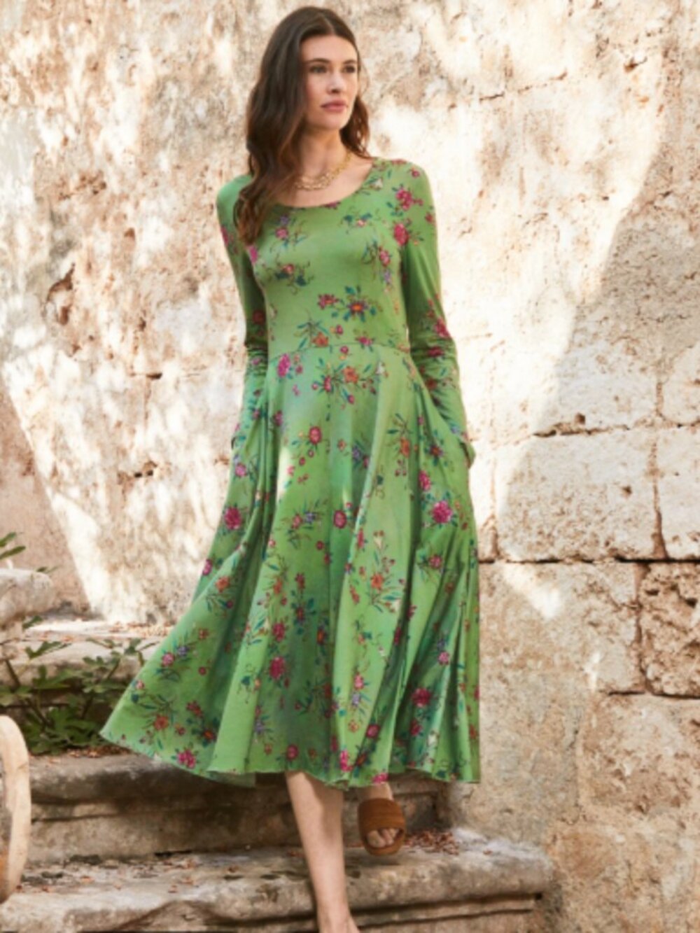 Peruvian Connection Prato Midi DressCottage Green Floral Pockets Stretch
